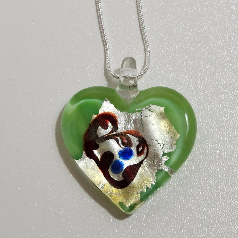 Green Fused Glass Heart Sterling Necklace Pendant